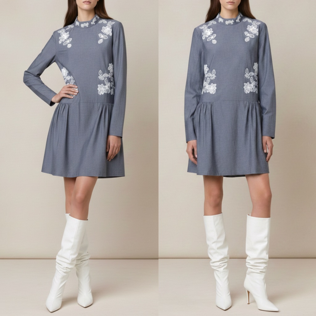 Suno Nwt Mock Neck Floral Embroidered Cotton-Chambray Mini Dress Size 2